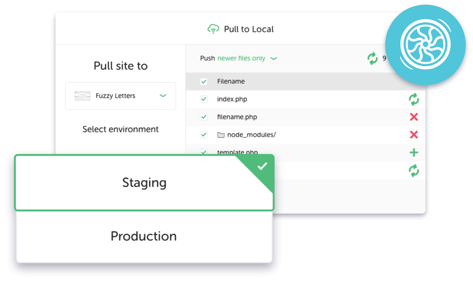 A screenshot of Local's Connect interface, highlighting the ability to push from staging to production environments.